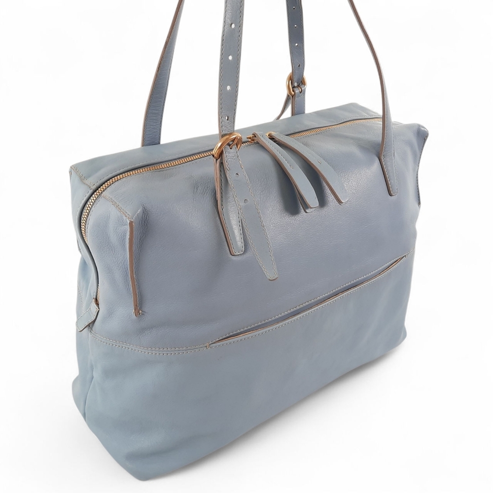 FURLA Large Bowler Bag Dusty Light Blue Leather Tote Zip Shoulder Shopper Boxy